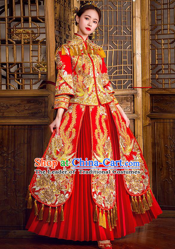 Traditional Chinese Embroidered Phoenix Diamante Red XiuHe Suit Wedding Costumes Full Dress Ancient Bottom Drawer for Bride