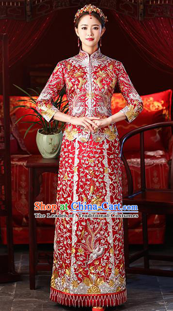 Chinese Ancient Embroidered Dragon Phoenix Wedding Costumes Bride Red Formal Dresses XiuHe Suit for Women