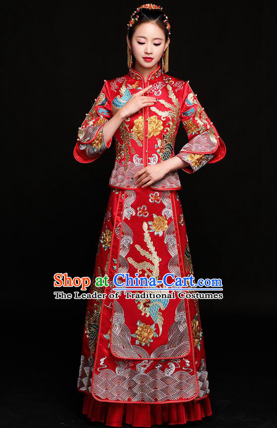 Traditional Chinese Embroidered Phoenix Slim Red XiuHe Suit Wedding Costumes Full Dress Ancient Bottom Drawer for Bride