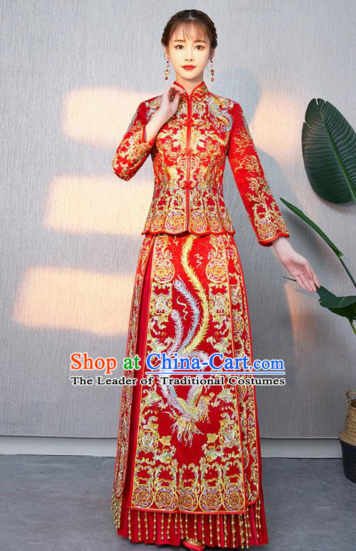 Chinese Ancient Bottom Drawer Traditional Wedding Costumes Embroidered Phoenix Red XiuHe Suit for Women