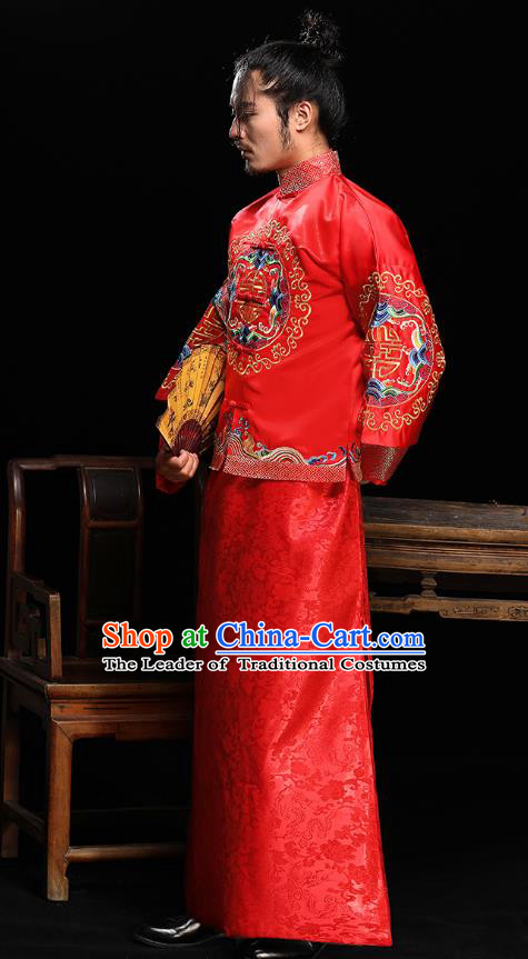 Ancient Chinese Wedding Red Costumes Traditional Bridegroom Embroidered Tang Suit for Men