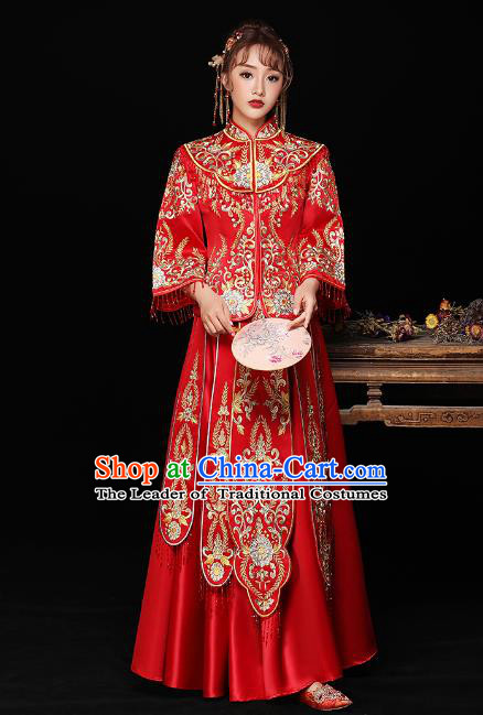 Chinese Ancient Bride Formal Dresses Wedding Costume Embroidered Toast Cheongsam Red XiuHe Suit for Women