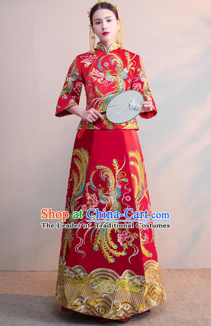 Chinese Ancient Bride Red Formal Dresses Wedding Costume Embroidered Cheongsam XiuHe Suit for Women