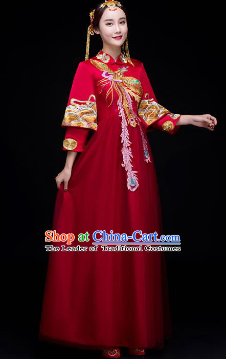 Top Grade Chinese Traditional Wedding Dress XiuHe Suit Ancient Bride Embroidered Phoenix Cheongsam for Women