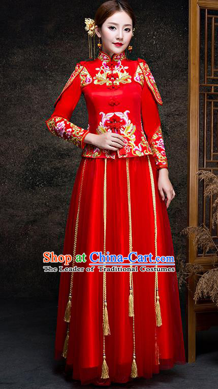 Top Grade Chinese Traditional Wedding Dress Red XiuHe Suit Ancient Bride Embroidered Cheongsam for Women