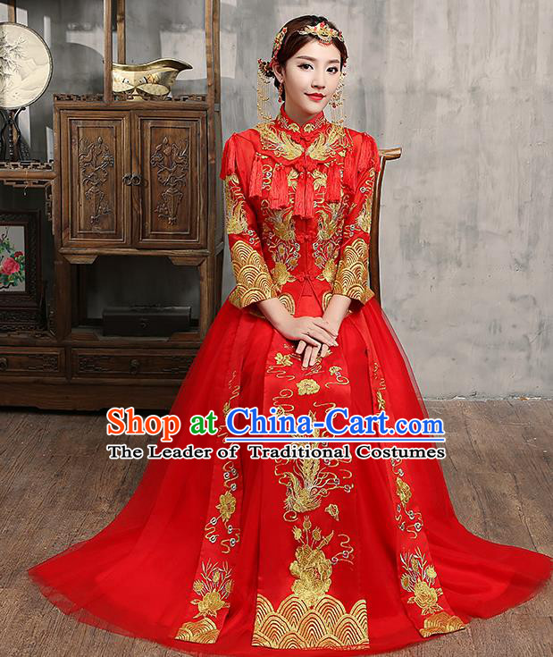 Chinese Traditional Embroidered Wedding Dress Red Tassel XiuHe Suit Ancient Bride Cheongsam for Women