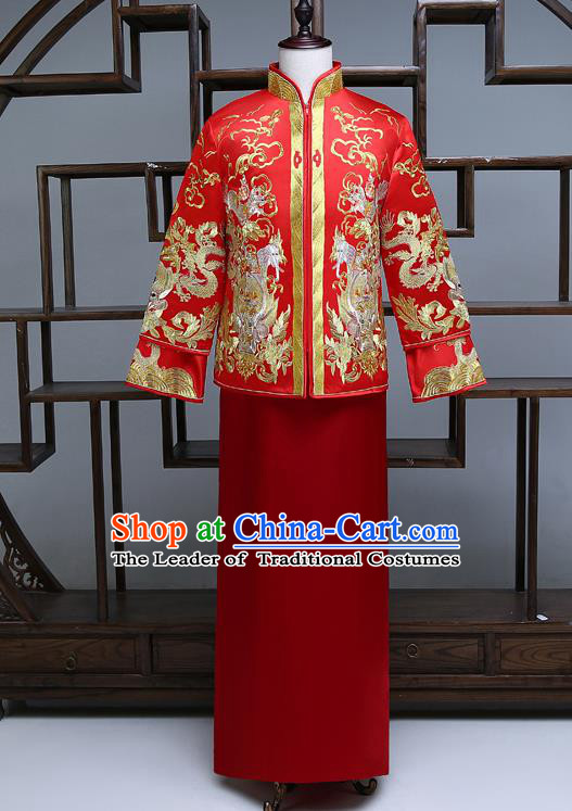 Ancient Chinese Male Wedding Toast Costumes Traditional Bridegroom Embroidered Tang Suit Red Long Robe for Men