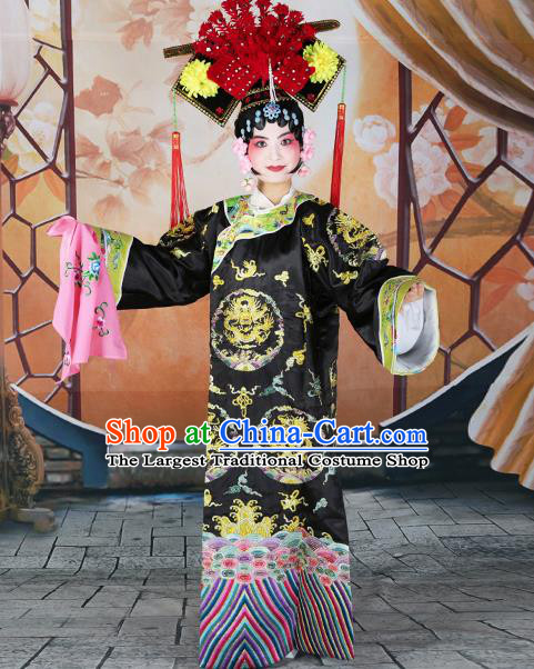 Professional Chinese Beijing Opera Qing Dynasty Empress Embroidered Black Costumes and Headwear for Adults