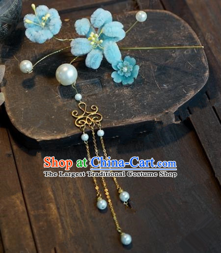 Top Grade Chinese Handmade Hair Accessories Qing Dynasty Blue Velvet Flowers Hairpins for Women