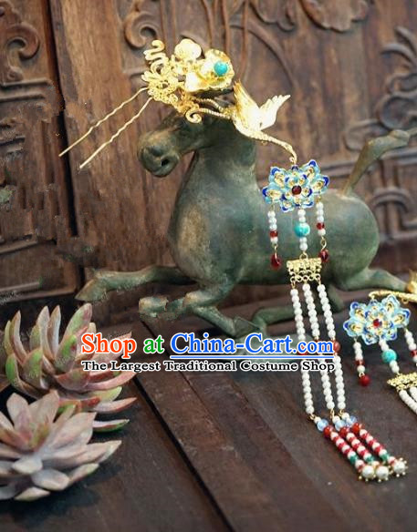 Chinese Handmade Ancient Hair Accessories Ancient Hanfu Cloisonne Lotus Tassel Hairpins for Women