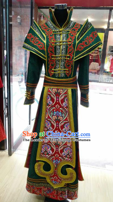 Chinese Traditional Mongolian Green Dress China Mongol Nationality Folk Dance Costume for Women