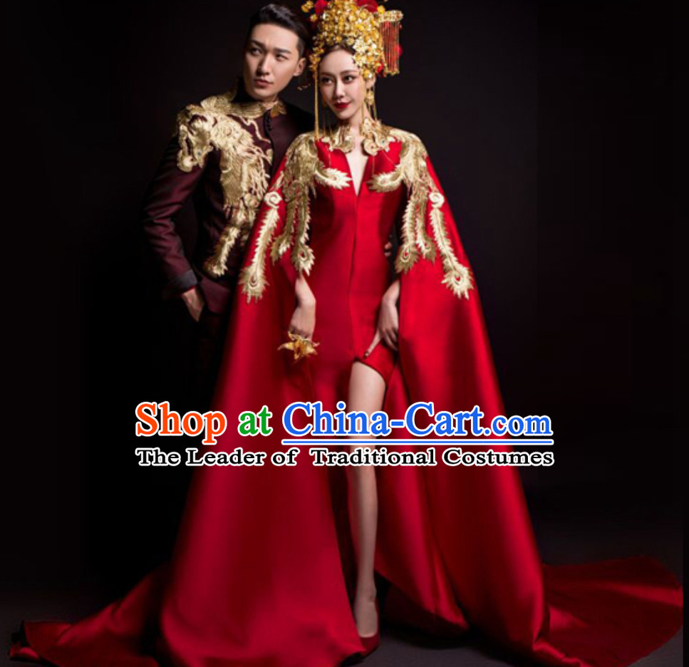 Top Chinese Classical Model Stage Evening Dress and Crown Complete Set