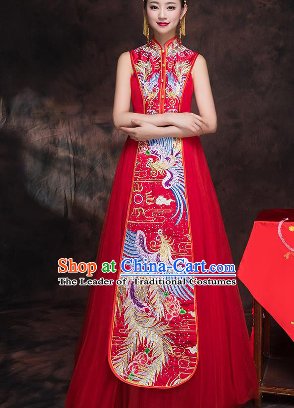 Traditional Chinese Embroidered Phoenix Xiuhe Suit Ancient Wedding Red Dress Toast Cheongsam for Women