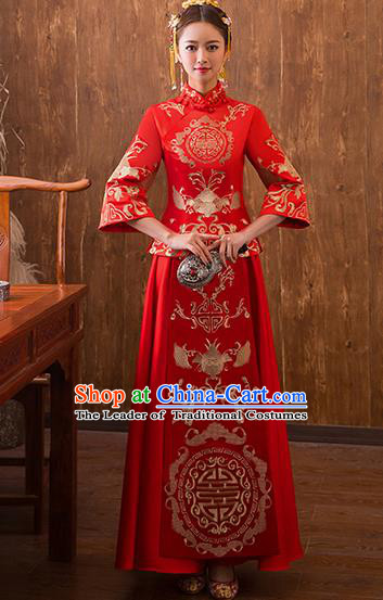 Traditional Chinese Ancient Red Bottom Drawer Embroidered Bats Xiuhe Suit Wedding Dress Toast Cheongsam for Women