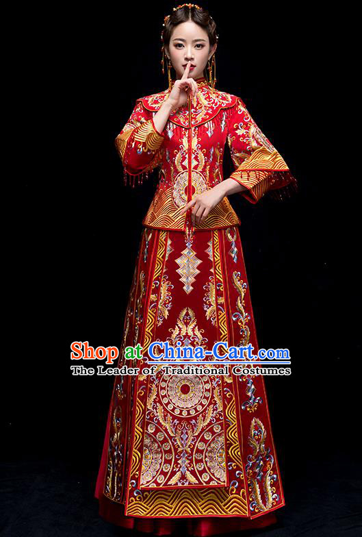 Chinese Traditional Wedding Red Embroidered Costume Ancient Bride Xiuhe Suit Clothing for Women