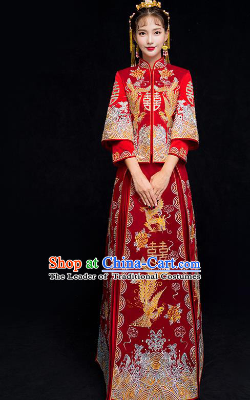 Chinese Traditional Xiuhe Suit Embroidered Wedding Dress Ancient Bride Diamante Cheongsam for Women