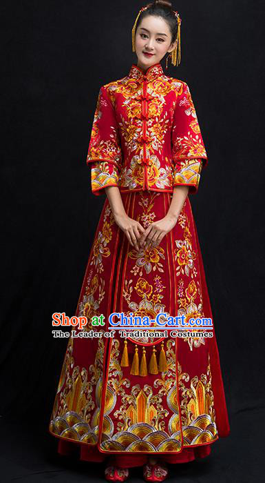 Chinese Traditional Bridal Toast Xiuhe Suit Wedding Dress Ancient Bride Embroidered Peony Cheongsam for Women