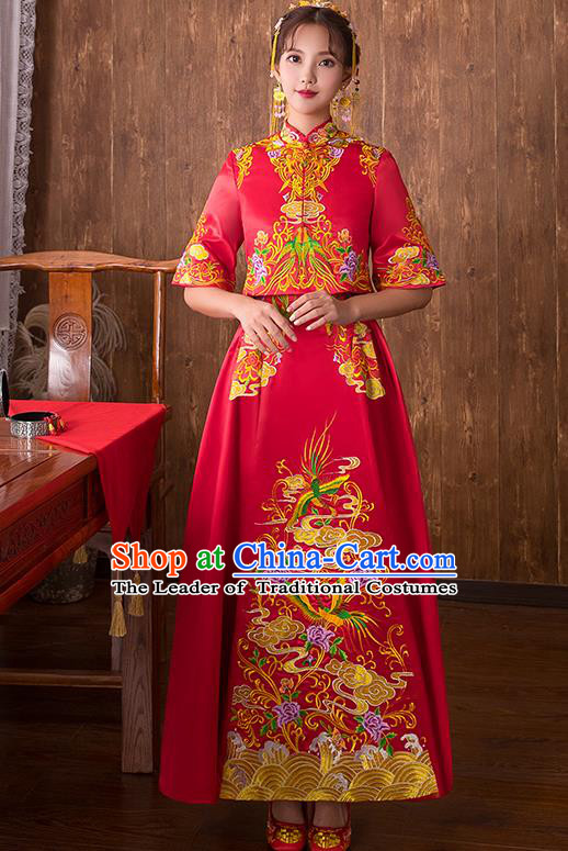 Chinese Traditional Embroidered Bottom Drawer Wedding Costume Bridal Xiuhe Suit Ancient Toast Cheongsam for Women