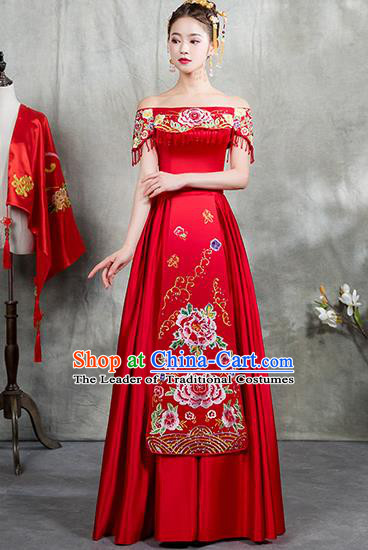 Chinese Traditional Embroidered Dress Bridal Wedding Xiuhe Suit Ancient Toast Cheongsam for Women