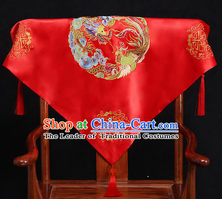 Chinese Traditional Wedding Head Cover Ancient Bride Embroidered Dragon and Phoenix Red Bridal Veil for Women