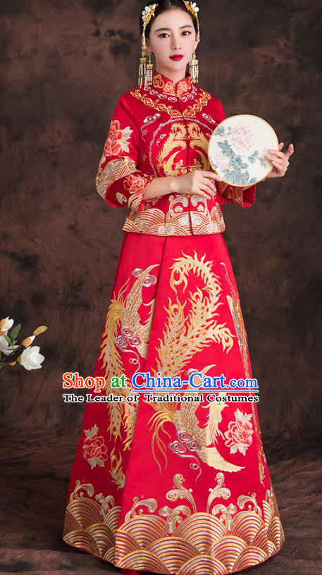 Chinese Traditional Embroidered Phoenix Xiuhe Suit Longfeng Flown Ancient Bottom Drawer Wedding Dress for Women