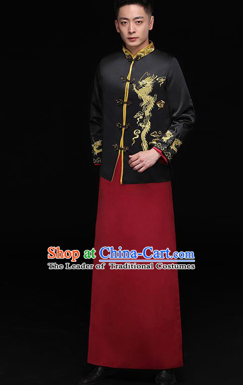 Chinese Traditional Bridegroom Embroidered Golden Dragons Costume Ancient Tang Suit Black Clothing for Men