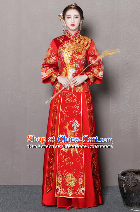 Chinese Traditional Xiuhe Suit Embroidered Phoenix Longfeng Flown Ancient Wedding Dress for Women