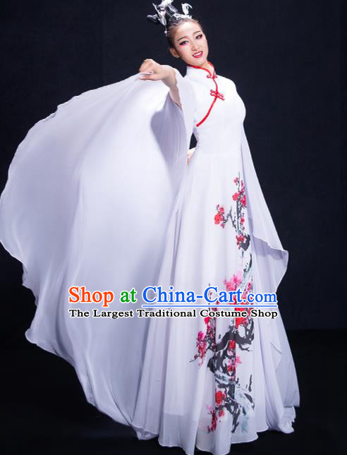 Chinese Traditional Classical Dance White Dress Umbrella Dance Costume for Women