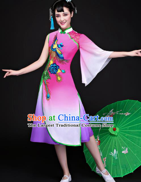 Chinese Traditional Folk Dance Rosy Dress Classical Umbrella Dance Costume for Women