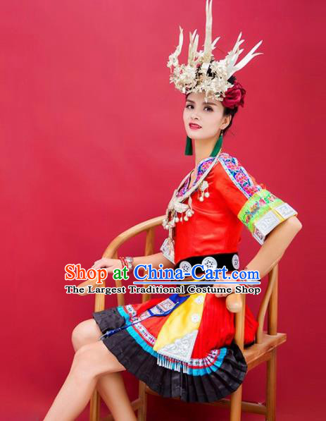 Chinese Traditional Miao Nationality Hmong Pleated Skirt Embroidered Costumes and Headpiece for Women