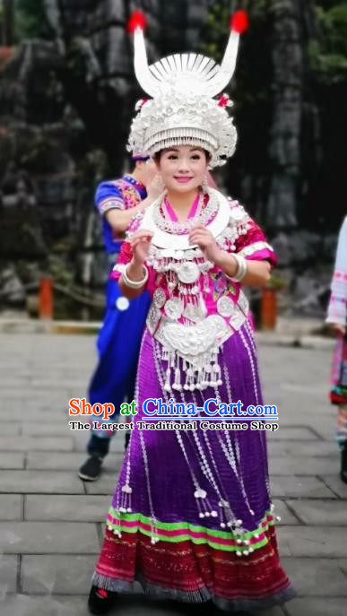 Chinese Traditional Miao Nationality Purple Dress Embroidered Wedding Costumes and Headpiece for Women