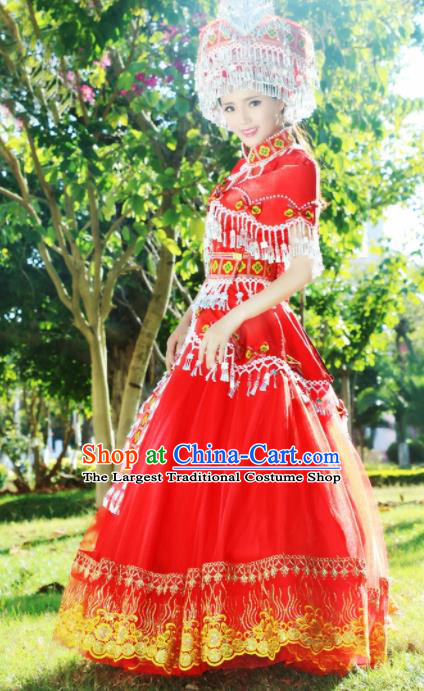 Chinese Traditional Miao Nationality Dance Wedding Embroidered Red Costumes and Headpiece for Women