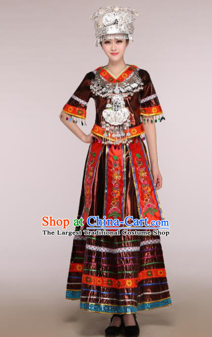 Traditional Chinese Miao Minority Dance Embroidered Brown Costumes and Headwear for Women