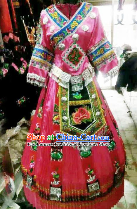 Traditional Chinese Miao Minority Wedding Costumes Hmong Embroidered Pink Dress for Women