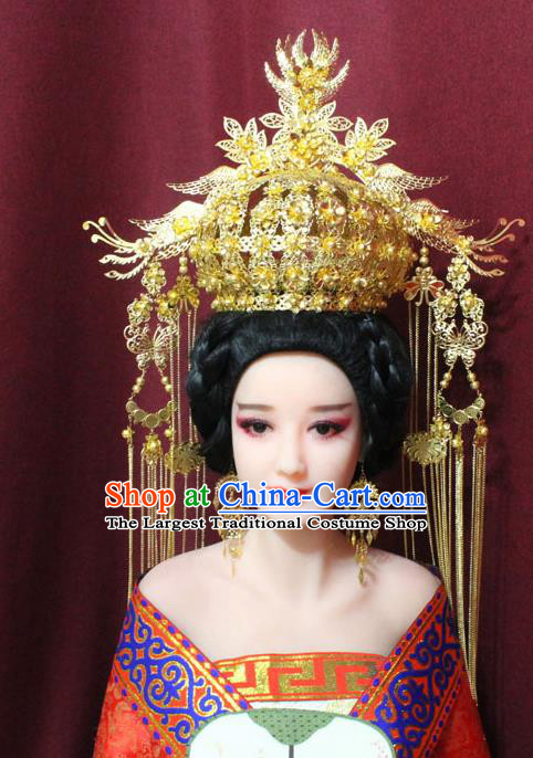 Chinese Traditional Handmade Hair Accessories Ancient Ming Dynasty Empress Golden Phoenix Coronet Hairpins for Women