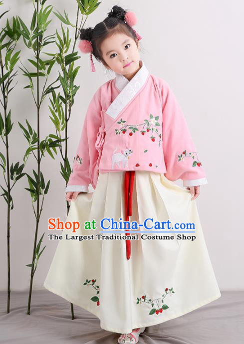 Chinese Ancient Ming Dynasty Children Costumes Traditional Pink Blouse and White Skirt for Kids