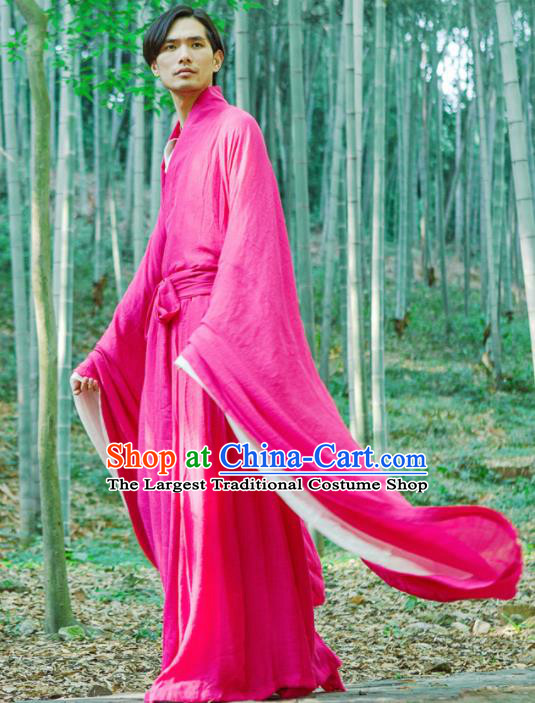 Chinese Ancient Traditional Han Dynasty Rosy Wide Sleeve Robe Scholar Swordsman Costumes for Men