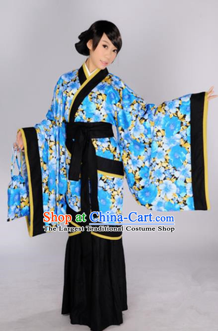 Chinese Traditional Han Dynasty Princess Blue Hanfu Dress Ancient Maidenform Costumes for Women