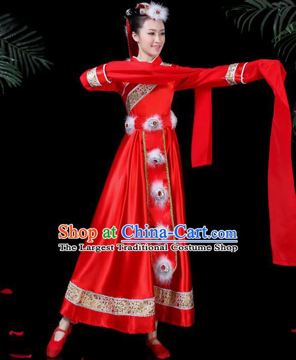 Chinese Traditional Classical Dance Red Dress Zang Minority Folk Dance Clothing for Women