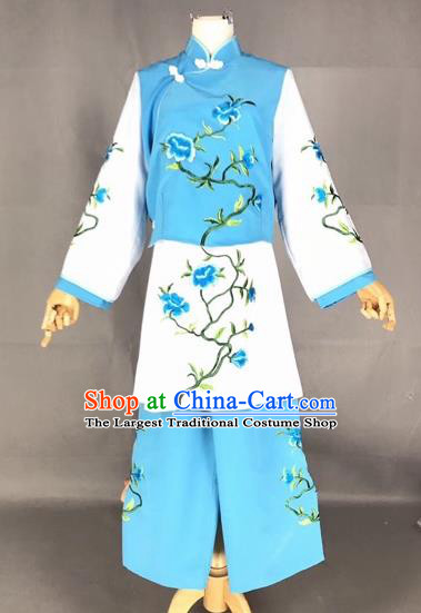 Chinese Traditional Beijing Opera Maidservants Embroidered Blue Clothing Peking Opera Diva Costumes for Adults