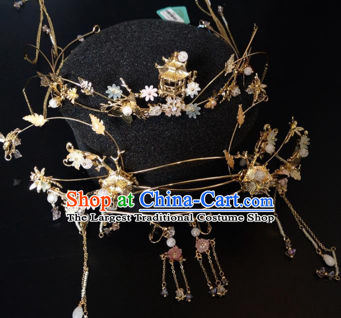 Top Chinese Traditional Wedding Hair Accessories Classical Golden Phoenix Coronet Hairpins Headdress for Women