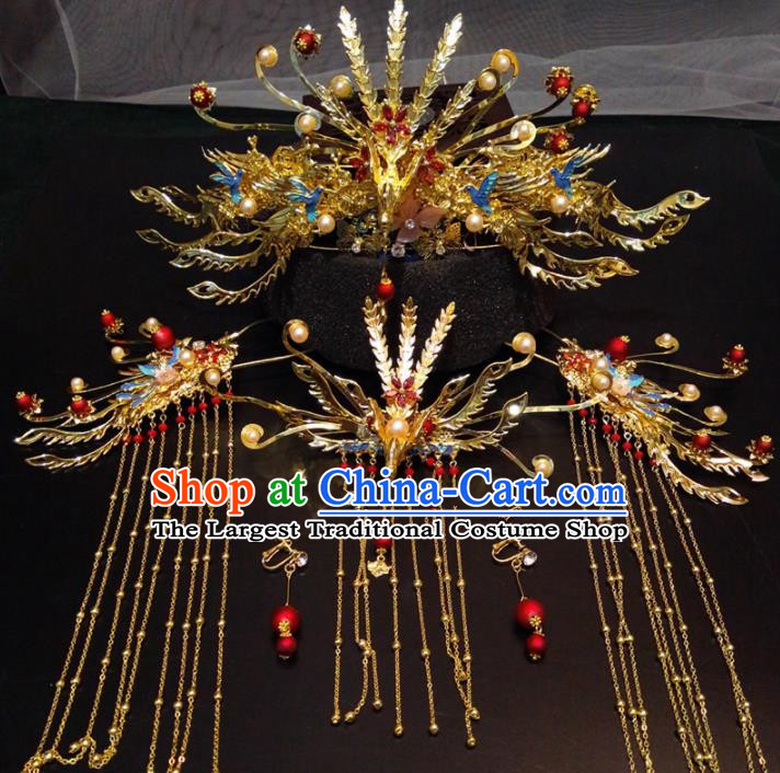 Top Chinese Traditional Golden Phoenix Coronet Wedding Hair Accessories Classical Hairpins Headdress for Women