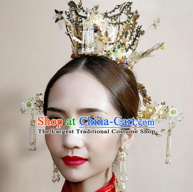 Top Chinese Traditional Palace Hair Accessories Ancient Golden Phoenix Coronet Hairpins Complete Set for Women