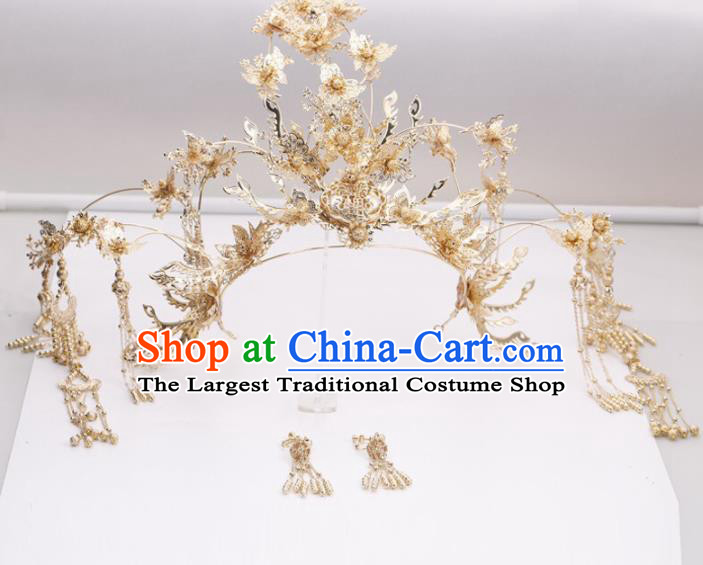 Top Chinese Traditional Wedding Hair Accessories Classical Golden Phoenix Coronet Hairpins Headdress for Women