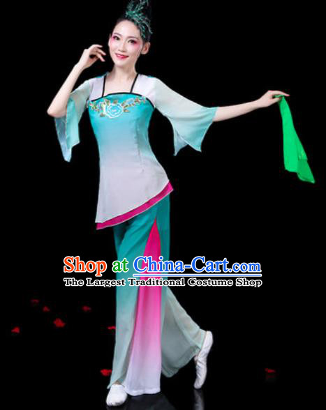 Chinese Traditional Folk Dance Costumes Umbrella Dance Yangko Group Dance Green Clothing for Women