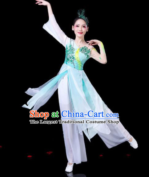 Chinese Classical Dance Umbrella Dance Costumes Traditional Lotus Dance Light Blue Dress for Women