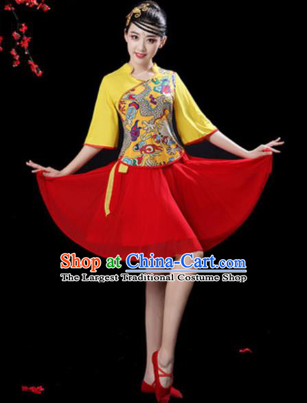 Chinese Folk Dance Drum Dance Costumes Traditional Fan Dance Yangko Red Short Dress for Women