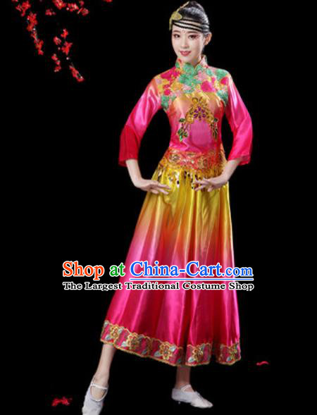 Chinese Classical Dance Umbrella Dance Rosy Dress Traditional Group Dance Chorus Costumes for Women