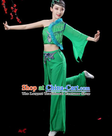 Traditional Chinese Folk Dance Single Sleeve Costumes Fan Dance Yangko Dance Green Clothing for Women