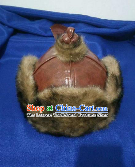 Traditional Chinese Mongol Nationality Hats Mongols Folk Dance Brown Leather Hat for Men